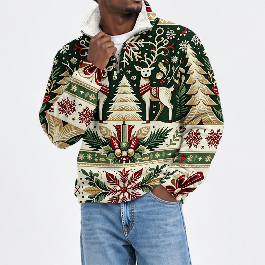 Herren Flanell Sweatshirt mit Stehkragen und Weihnachtsdruck für Freizeitkleidung an den Feiertagen