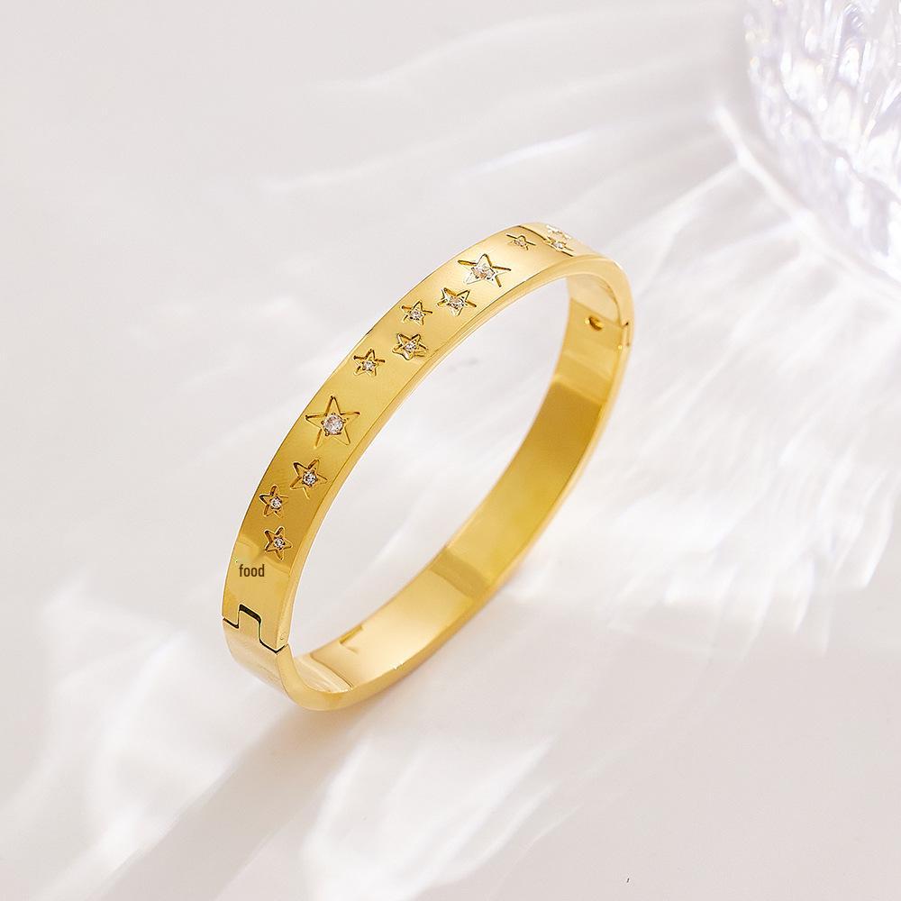 Gold Stainless Steel Bracelet with Zirconia-Inlaid Star Clasp