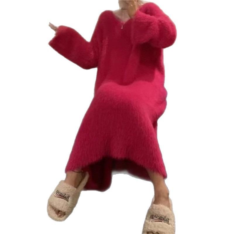 Gentle Wind White Imitation Mink Velvet Medium and Long Pullover Sweater V-neck Loose Lazy Knitted Dress Women's Autumn and Winter
