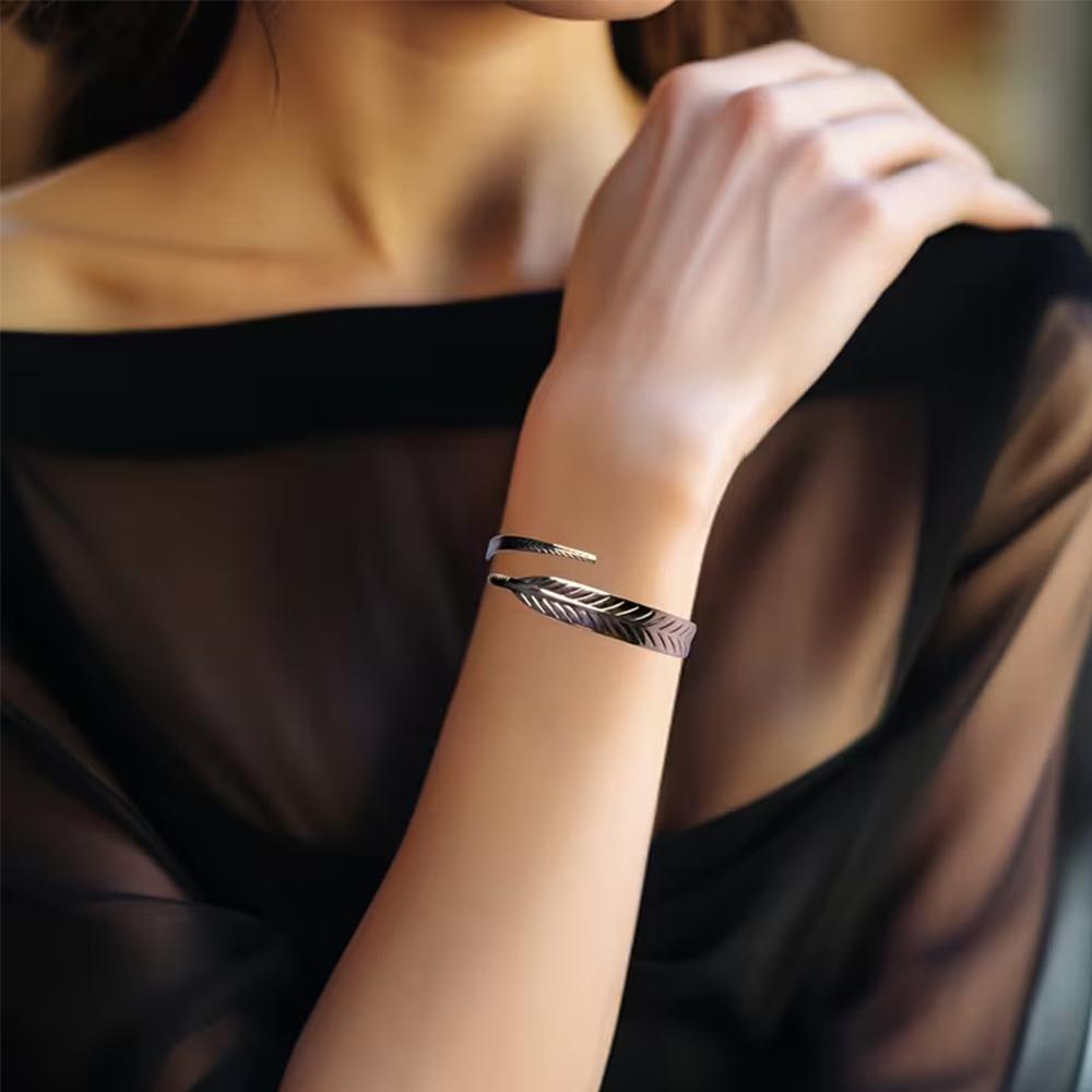 Rose Gold Feather Open Ring, Adjustable Minimalist Stackable Ring For Women