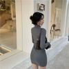 Gray V-neck pure desire dress for women's winter with coat, slim-fitting bottoming, long-sleeved a-word hip-wrapped short skirt