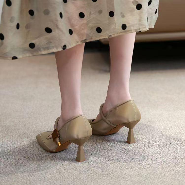 Women's Shoes 2024 Spring New Niche Outfit Skirt Square Toe Shallow Mouth Slim Heel Temperament High Heels Single Shoe