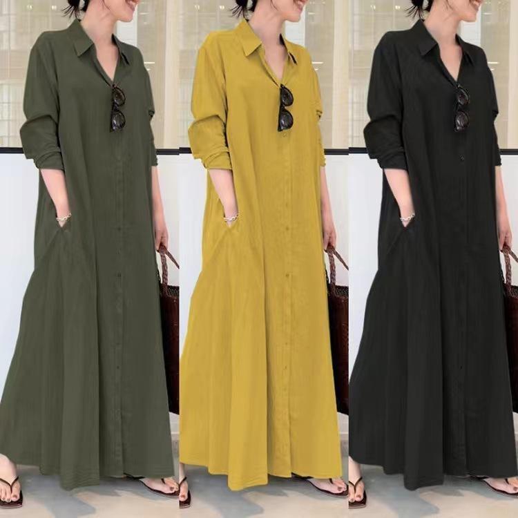 Abito Lungo Camicia da Donna con Maniche Lunghe, Scollo a V, Bottoni e Tasche in Cotone