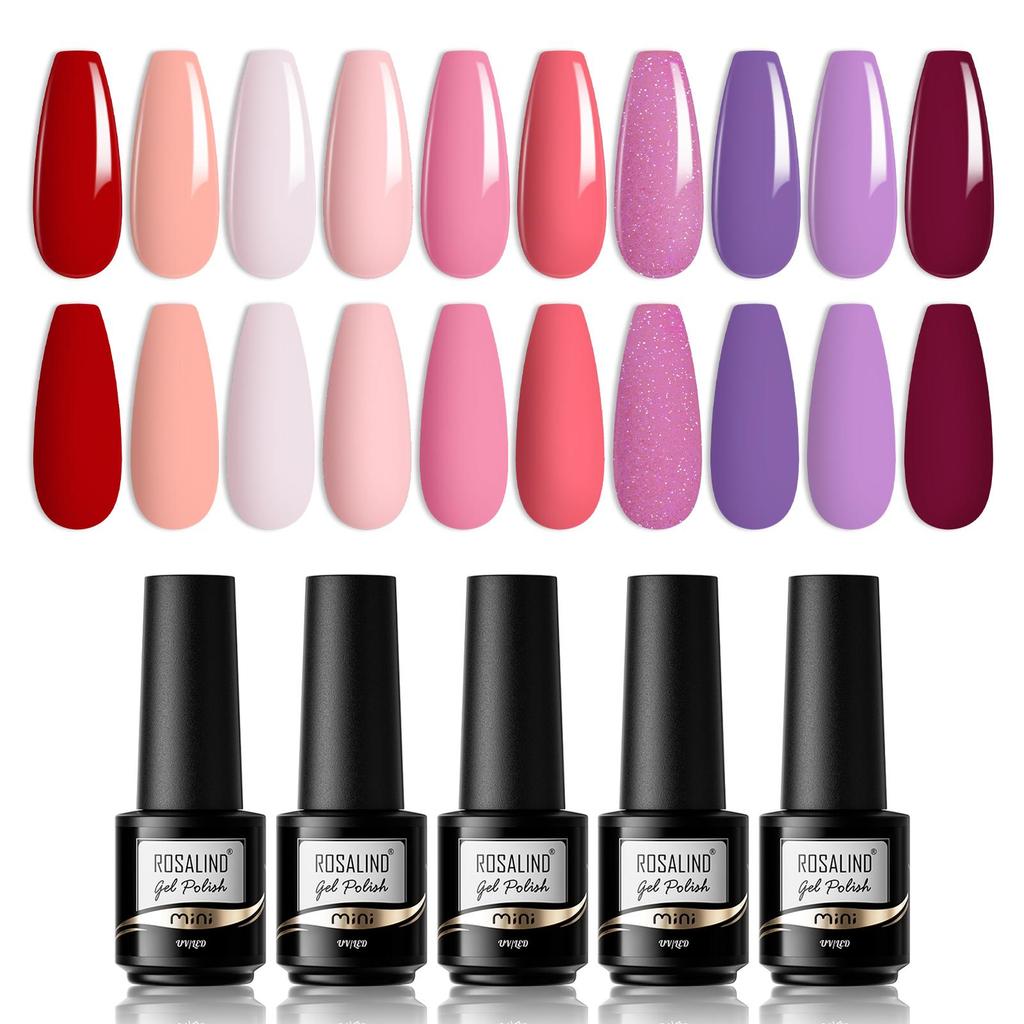 ROSALIND 10PCS Gel Nail Polish Set Solid Color Nail Bottom Adhesive and Top Coat UV LED Lamp Nail Supplies.