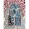 BeatStreet Vintage Cherry Blossom Black Knight Embroidery Jeans Y2k Retro Baggy Straight Denim Pants Blue Wash Jean