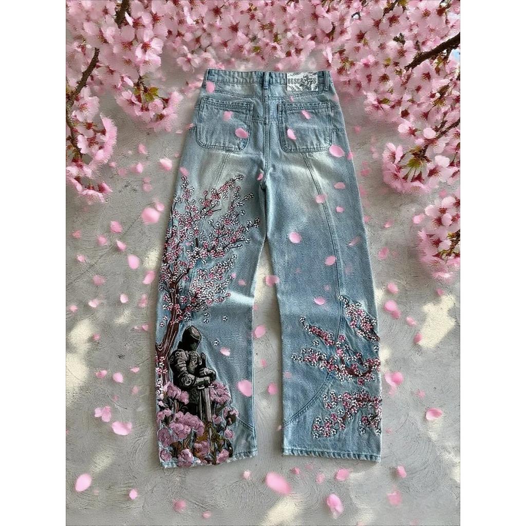 BeatStreet Vintage Cherry Blossom Black Knight Embroidery Jeans Y2k Retro Baggy Straight Denim Pants Blue Wash Jean