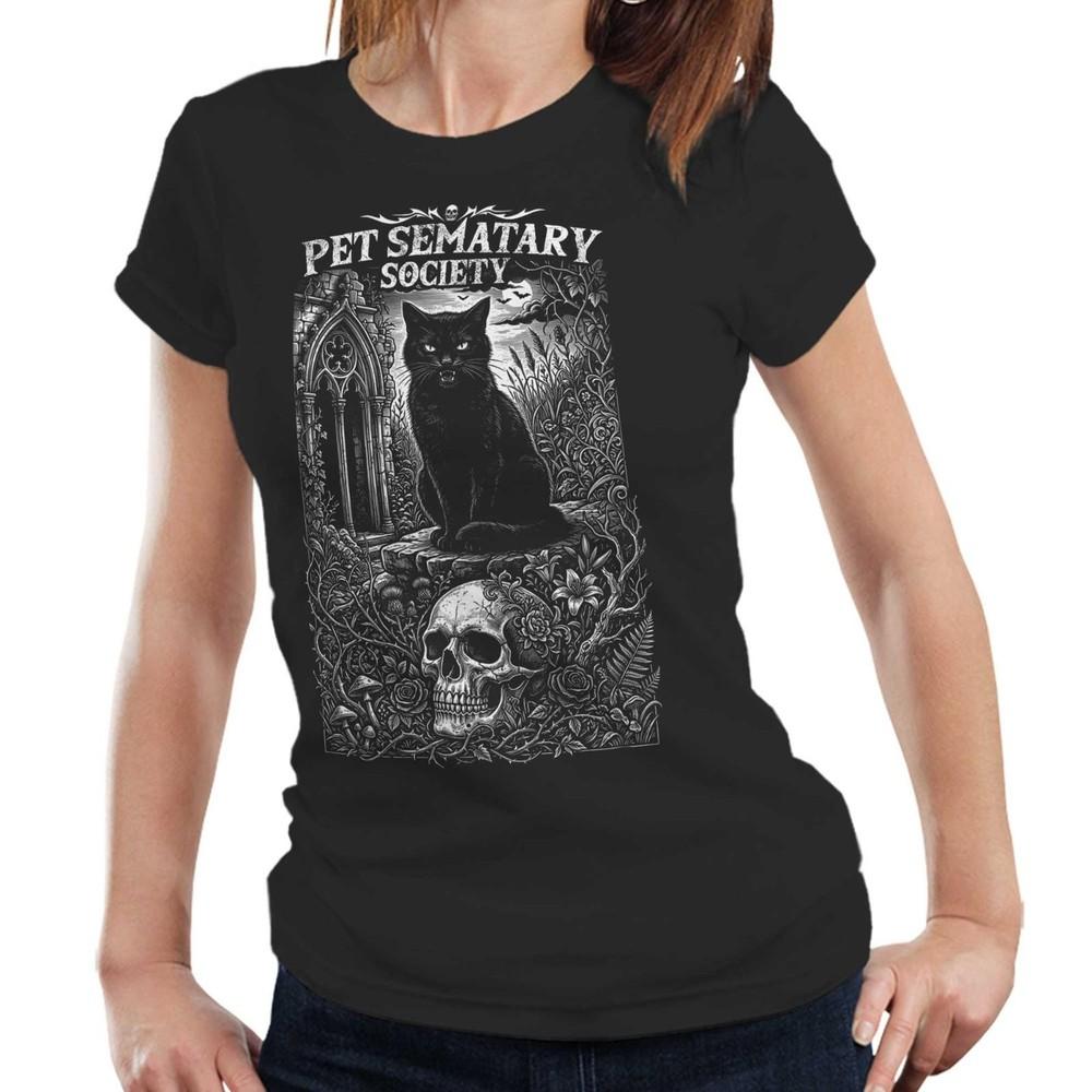 Black Cat Skull Gothic Tshirt Halloween Pet Sematary Semi Fitted Ladies Tee Gift