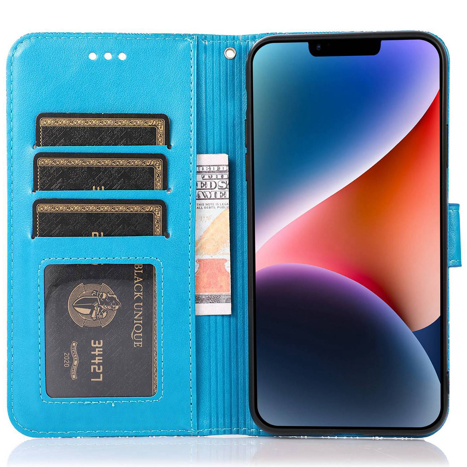 

Anti-drop Phone Case for iPhone 13 mini 5.4 inch,Imprinted Flower Pattern Stand Flip Leather Wallet Cover with Strap Blue