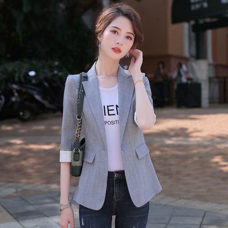 K-style Spring/Summer New Arrival Fashion Commuter Ol Thin Suit Collar One Button Five-Quarter Sleeve Small Business Suit Coat Easiest for Match Women