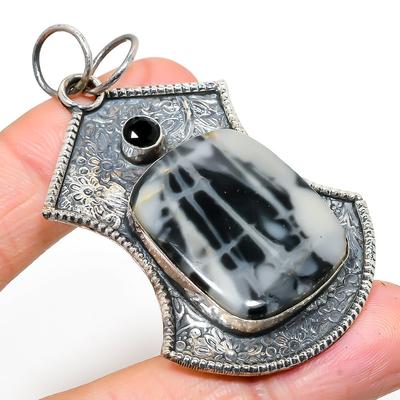 Natural Ocean Fume Agate, Spinel Gemstone 925 Sterling Silver Pendant 2.56" h7J97