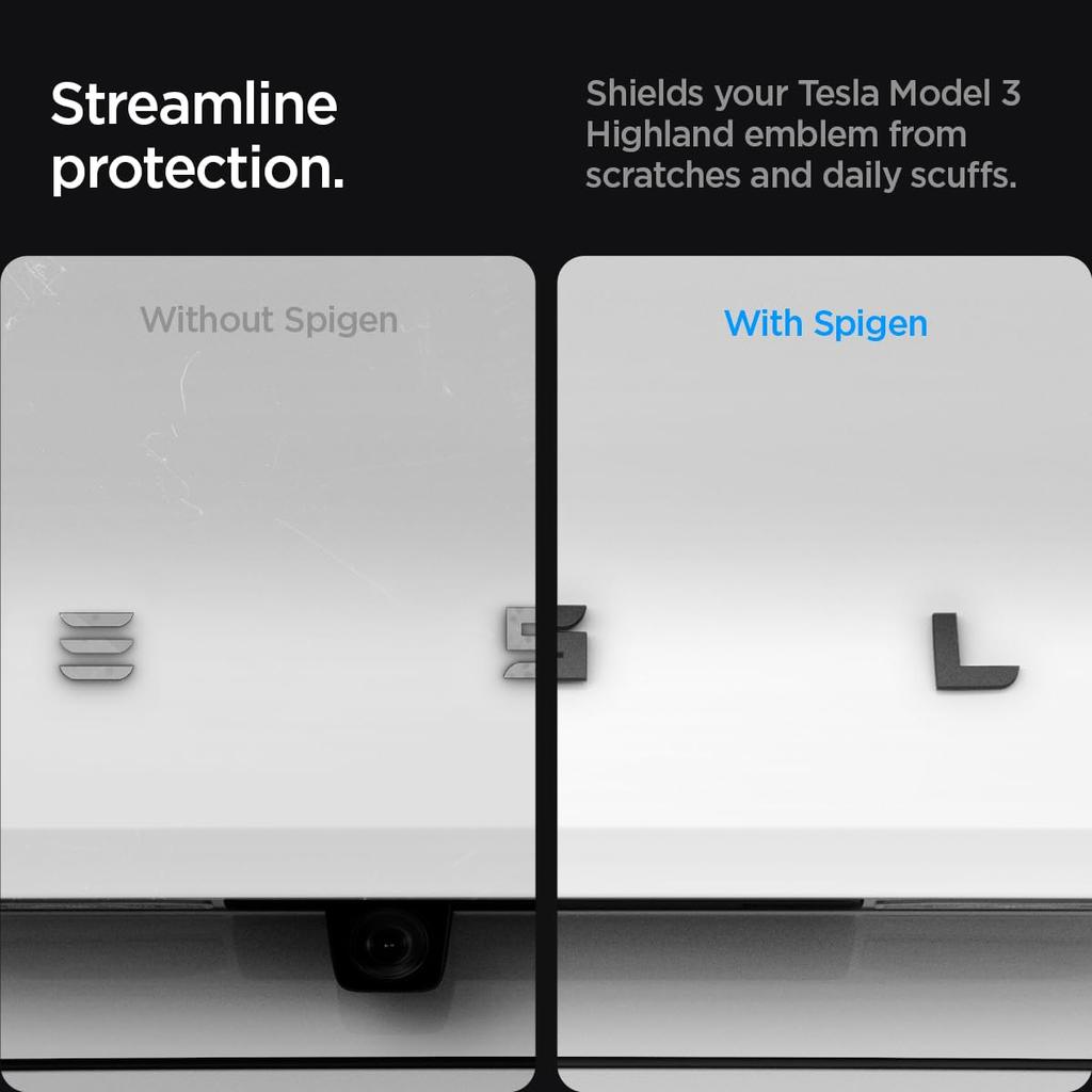 Spigen Tesla Model 3 Highland Rear Emblem Logo Sticker Premium Full PC Designed for Tesla Model 3 Accessories Black 2024-Present Decal, Coverage,