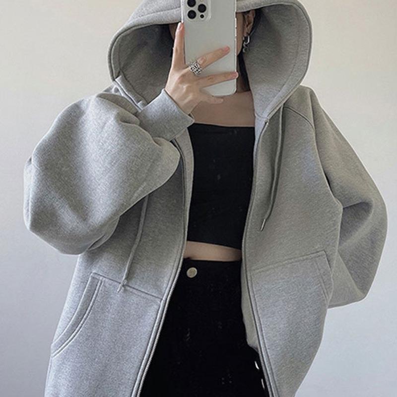 Unisex Solid Color Zip Up Hooded Jacket Oversized Loose Long Sleeve Casual Hoodie Outerwear