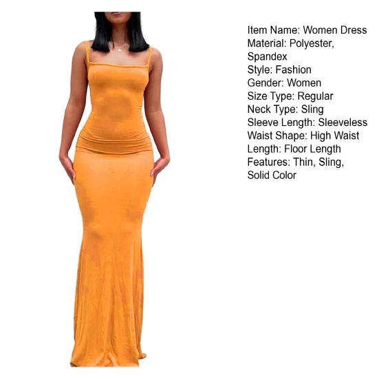 Women Sling Dress Sleeveless Square Collar Slim Fit Floor Length Dress Solid Color Office Party Wedding Sexy Dress