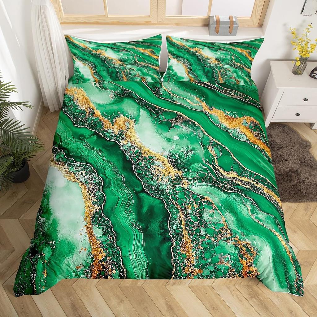 Green Marble Duvet Cover Twin King Marbling Texture Bedding Set Foil Print Glitter Comforter Cover Modern Abstract Art Bed Cover