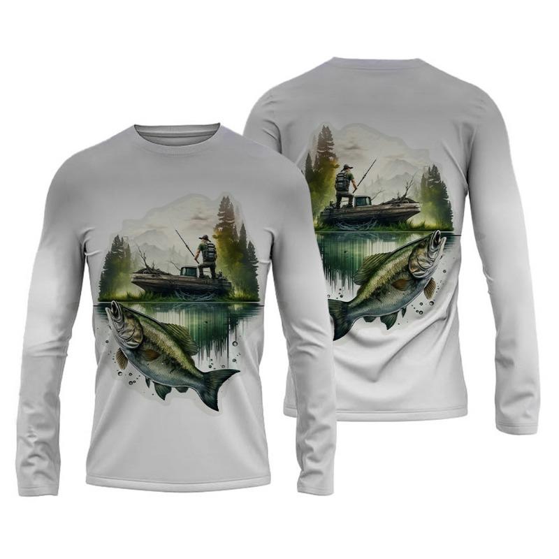 Sommer Herren Angelshirts 3D Pinting Angelbekleidung Atmungsaktives T-Shirt Langarm Outdoor Sport Rundhals Angelshirt 6XL