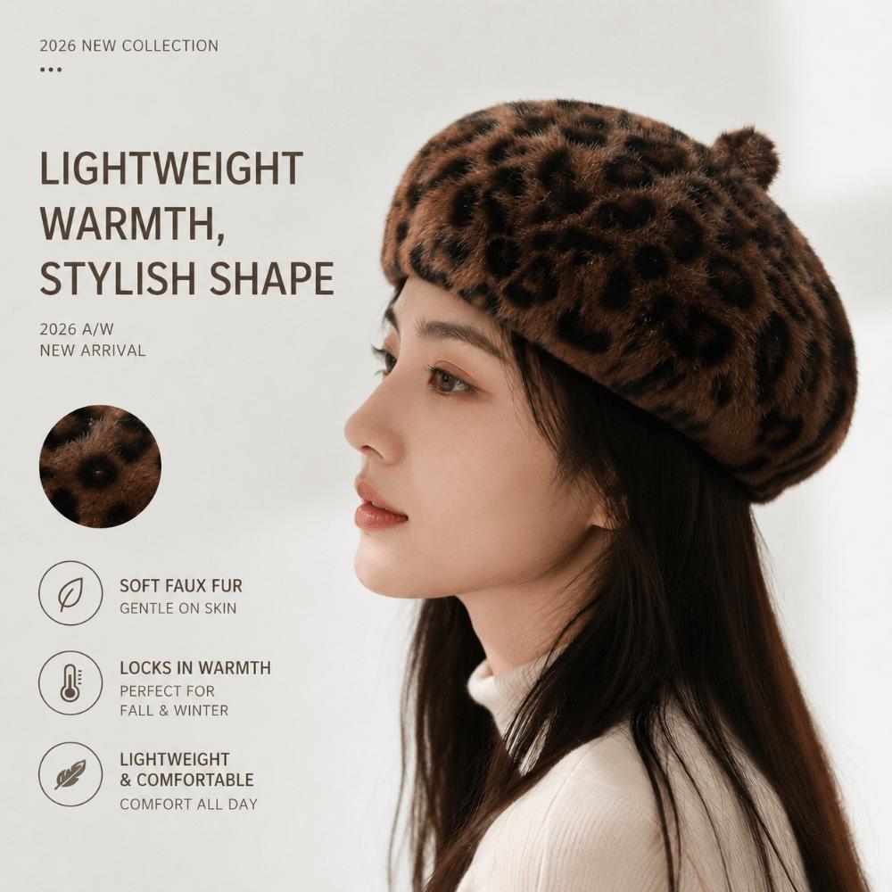 Leopard Print Faux Rabbit Fur Beret Flush Furry Fluffy Plush Beret Octagonal Beanie Cap  Women Girl