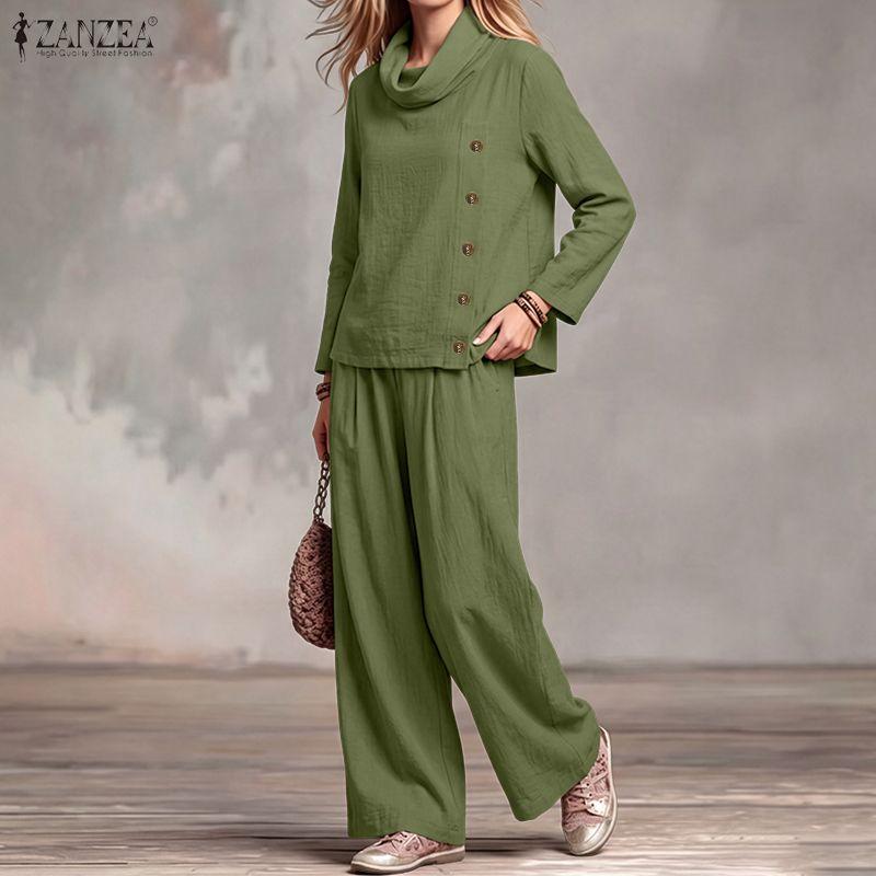 ZANZEA Womens Vintage 2PCS Sets Cowl Neck Blouse and Wide Leg Trousers Casual Loose Suit Autumn Spring Outfits