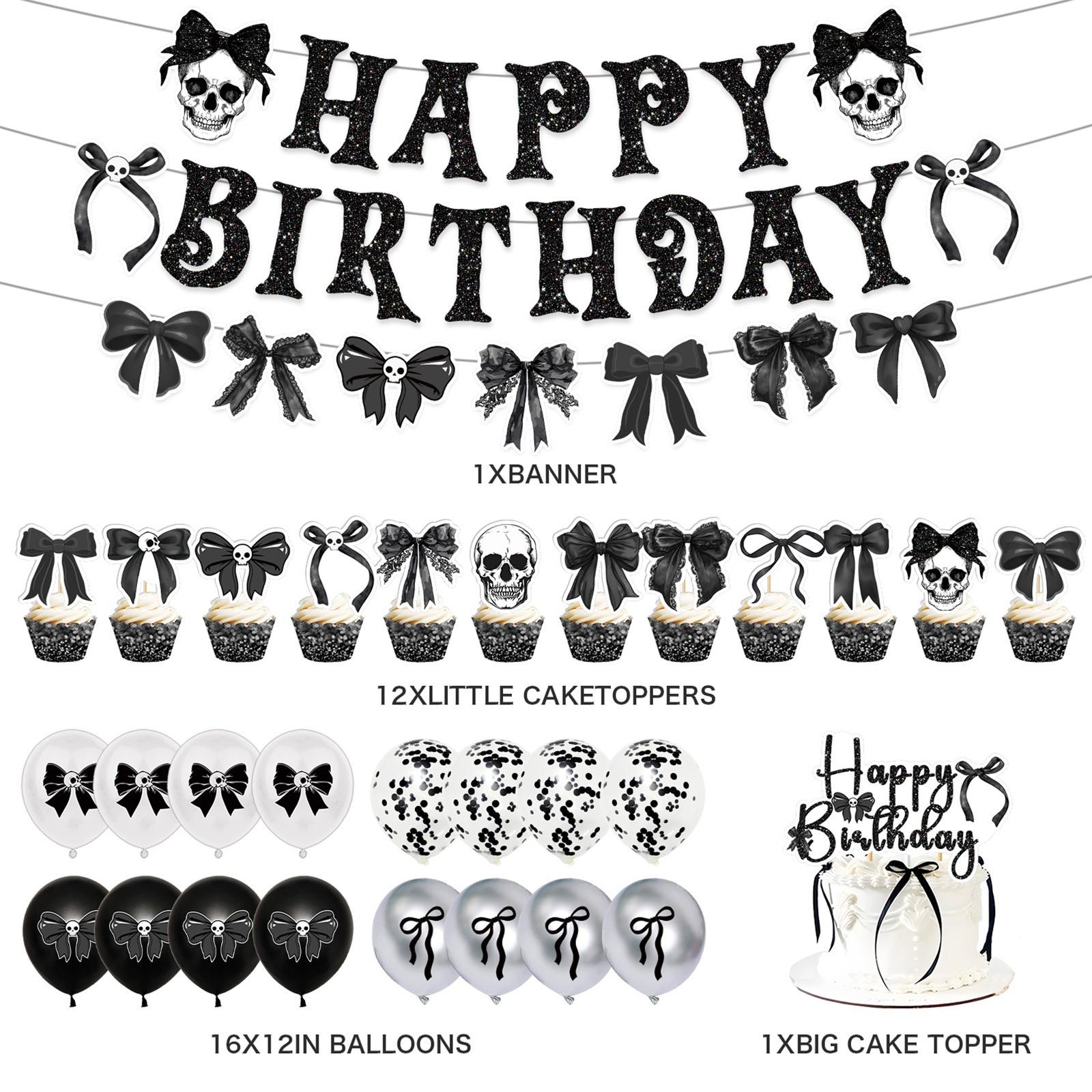 

Черный бант Девочка Тема дня рождения Украшение для вечеринки Баннер Флажок для торта Шары One Size