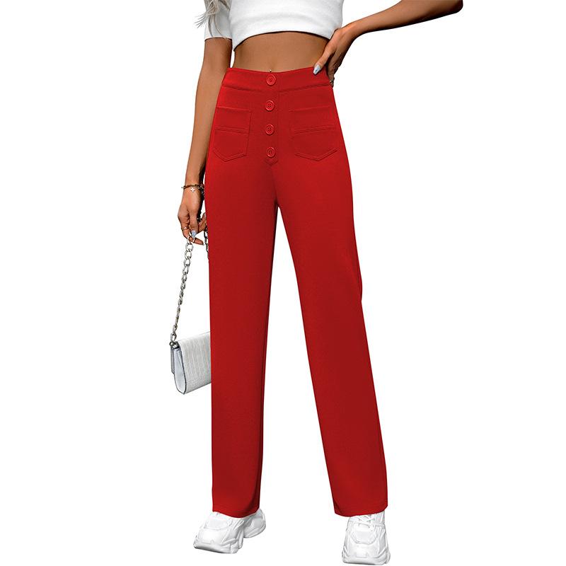 Women Casual High Waist Button Pocket Loose Straight Long Pants