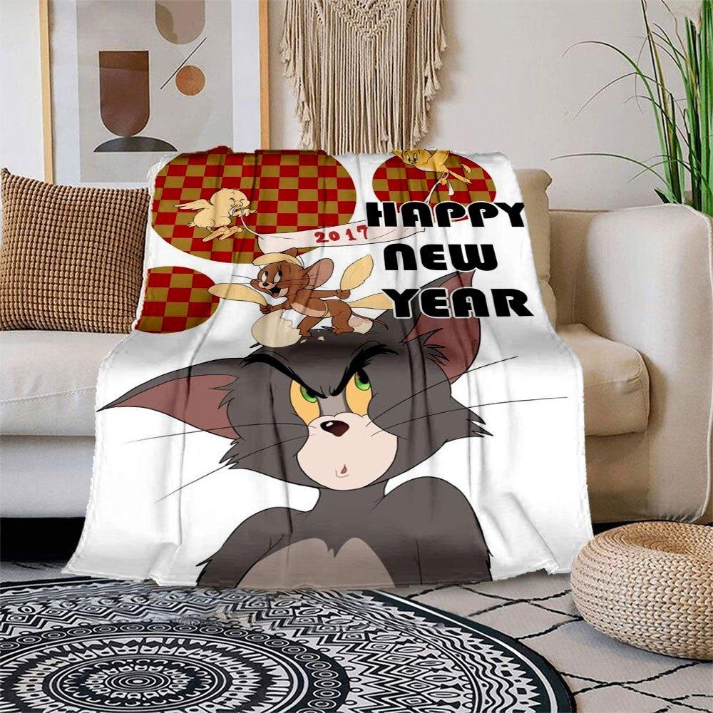 Tom and Jerry Happy New Year CardBlanket Flannel Throw Blanket for Sofa, Bed, Travel, Camping, Office 100x150cm