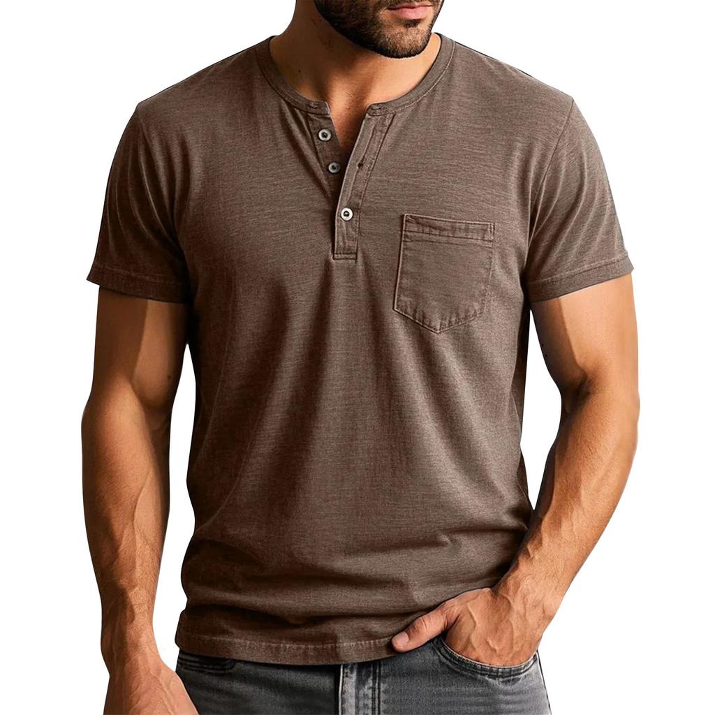 Men's Summer Solid Color Button Collar Short Sleeve Tops Men's Casual Loose Fashion Tops