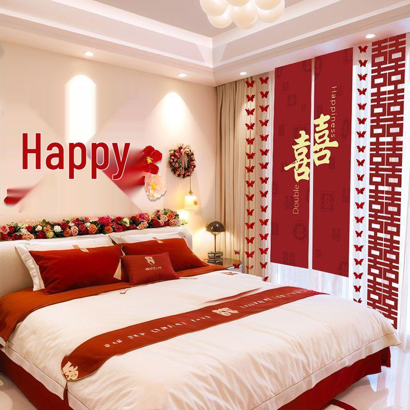 Wedding Room Decor: Double Happiness Banner for Bedroom Headboard & Curtains.