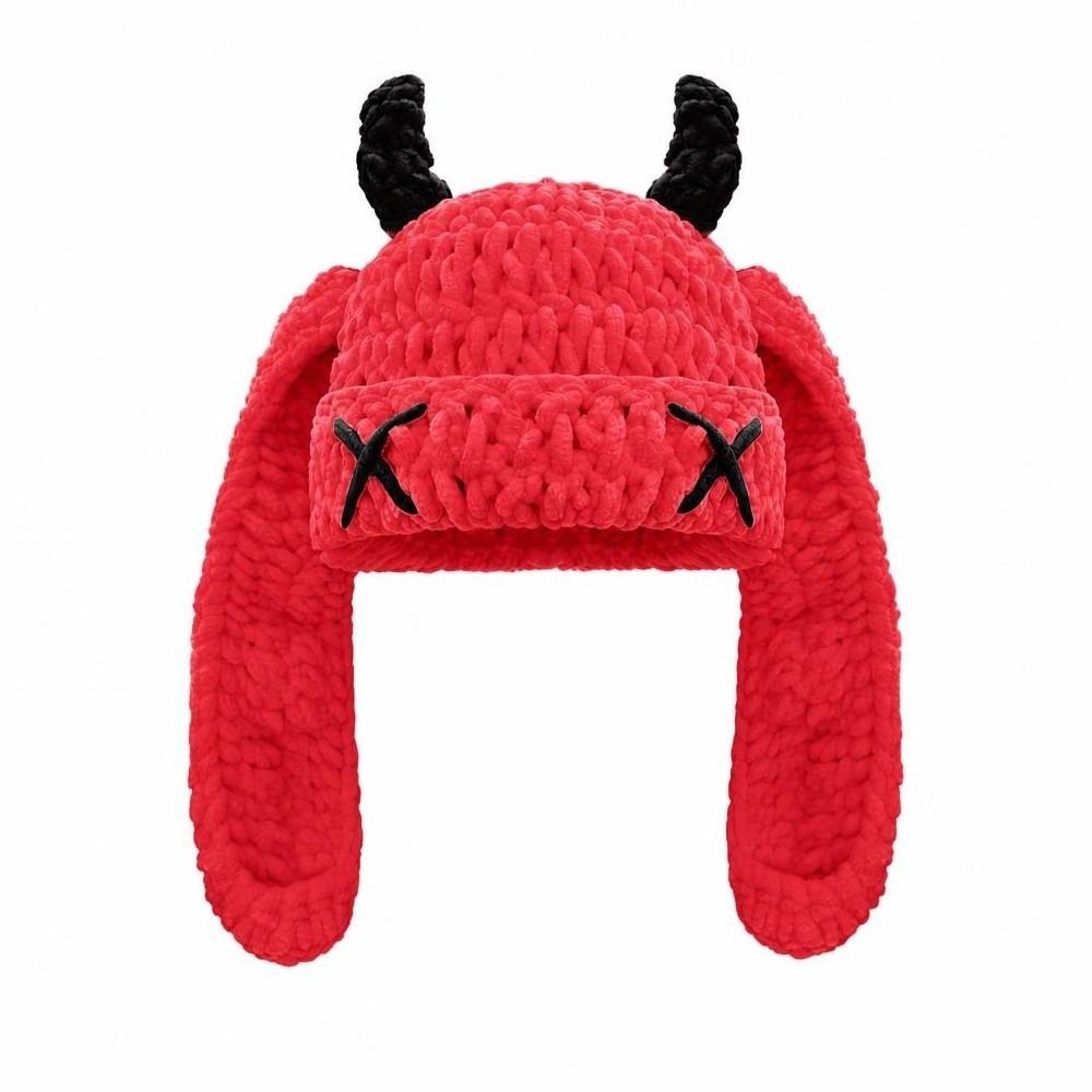 Soft Warm Little Devil Long Ears Cap Elastic Knit Warm Windproof Cap Cold Weather Wear