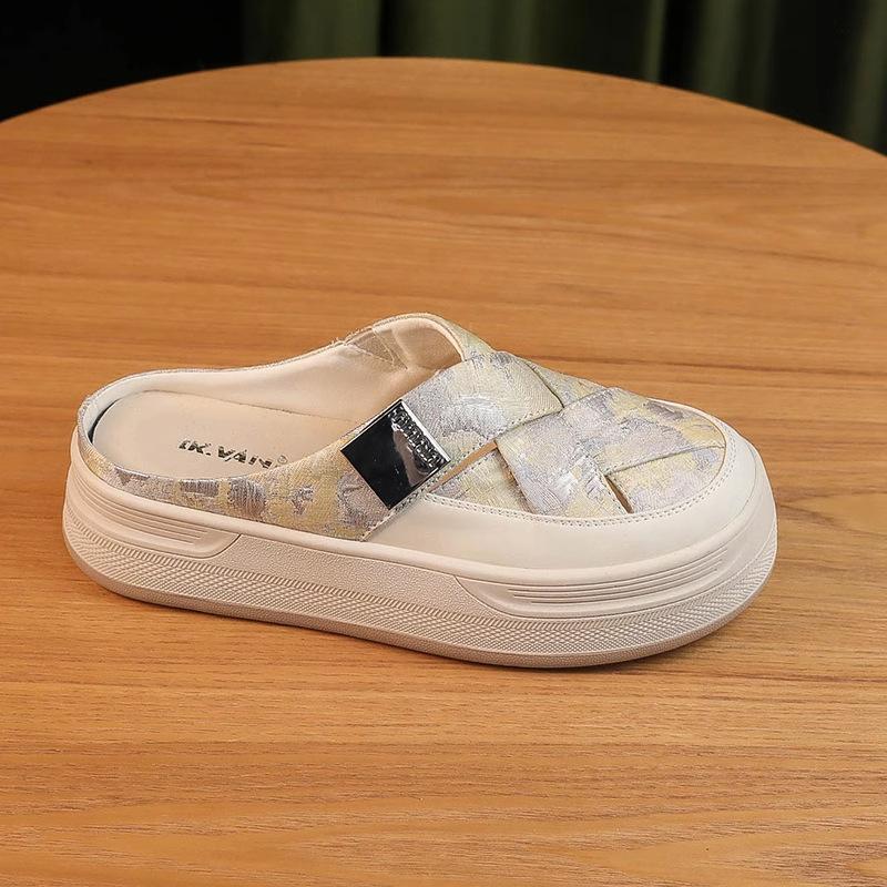 

Soft bottom woven hollow bag head slippers women s 2025 summer silver thick bottom muffin thin casual half slippers breathable 40 бежевый