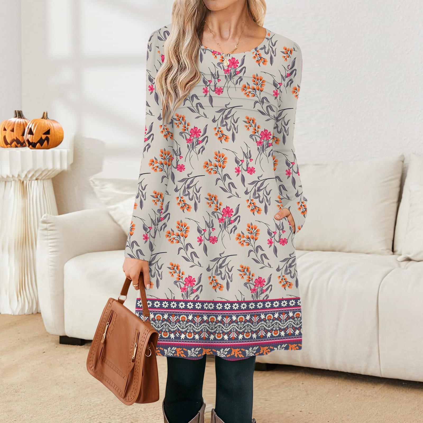 

Женское платье с длинным рукавом, осеннее повседневное, футболка, свободного кроя, с плиссировкой спереди, платья с карманами XL бежевый