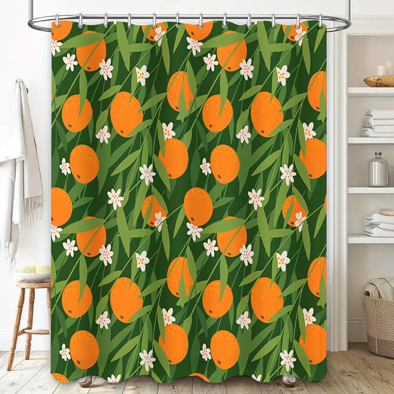 Green Leaves Orange Shower Curtain With White Flower Print Pattern For Bathroom Decor Modern Style Home Decoration Window Coveri