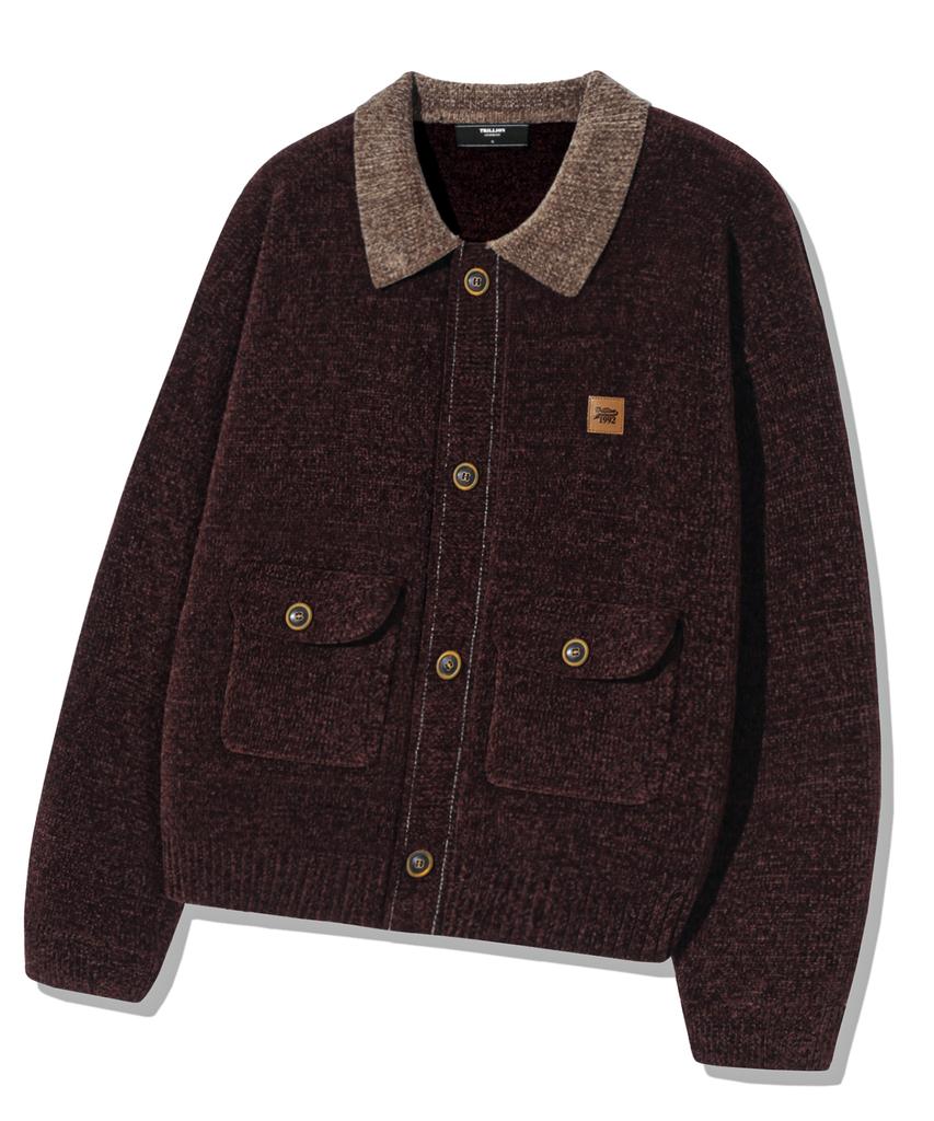 TRILLION Leather Patchwork Velvet Cardigan Knit_Purple Brown