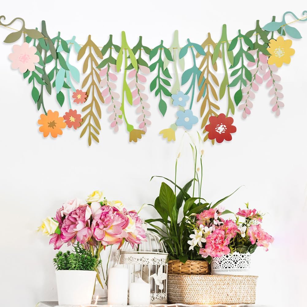 Flower Banner, Groovy Boho Floral Leaf Banner, Double-Sided Waterproof Colorful Wildflower Party Decorations for Birthday Garden Wedding Backdrop