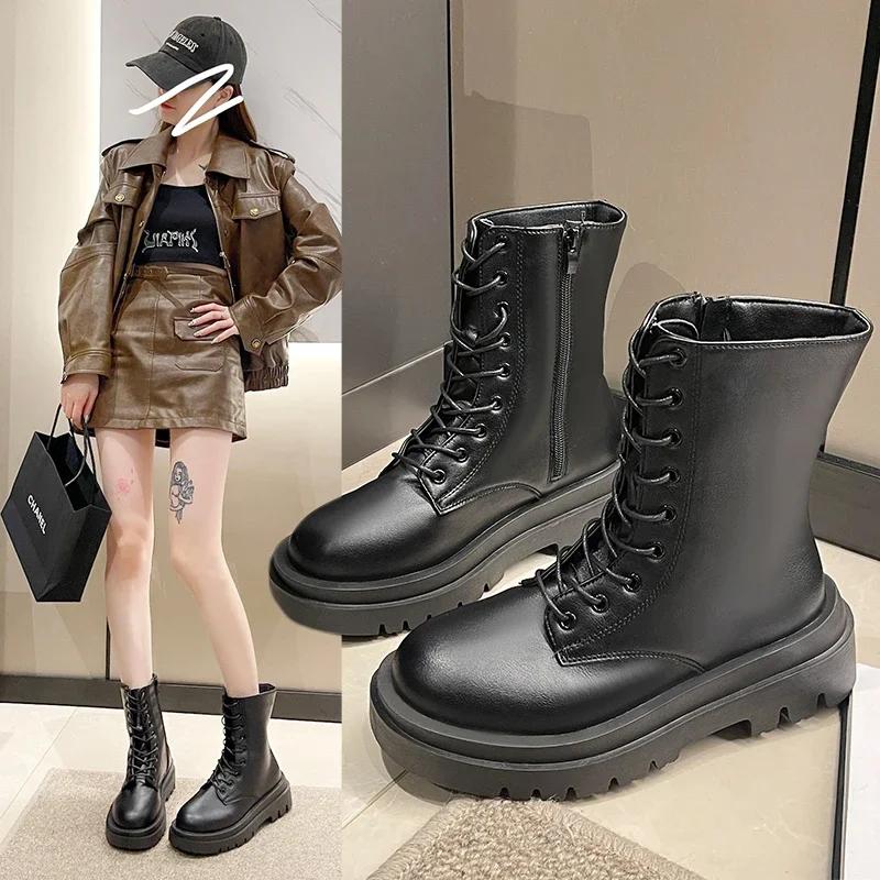 

Large Size Women s Boots 2024 Winter New High Quality Black Matte Ladies Motorcycle Boots Non-slip Thick Sole Casual Sports Boot