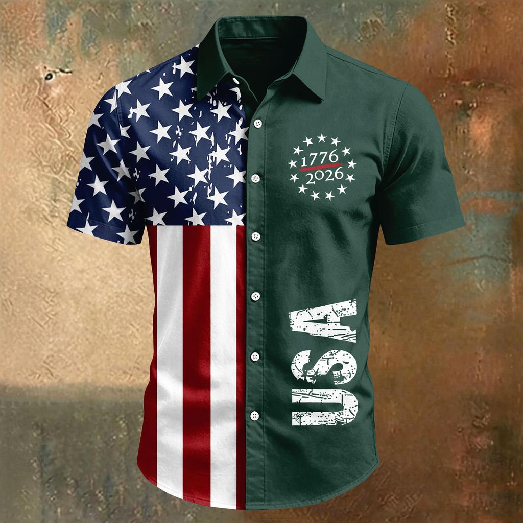 Camisa de manga corta casual deportiva para hombre con estampado del Día de la Independencia y cuello