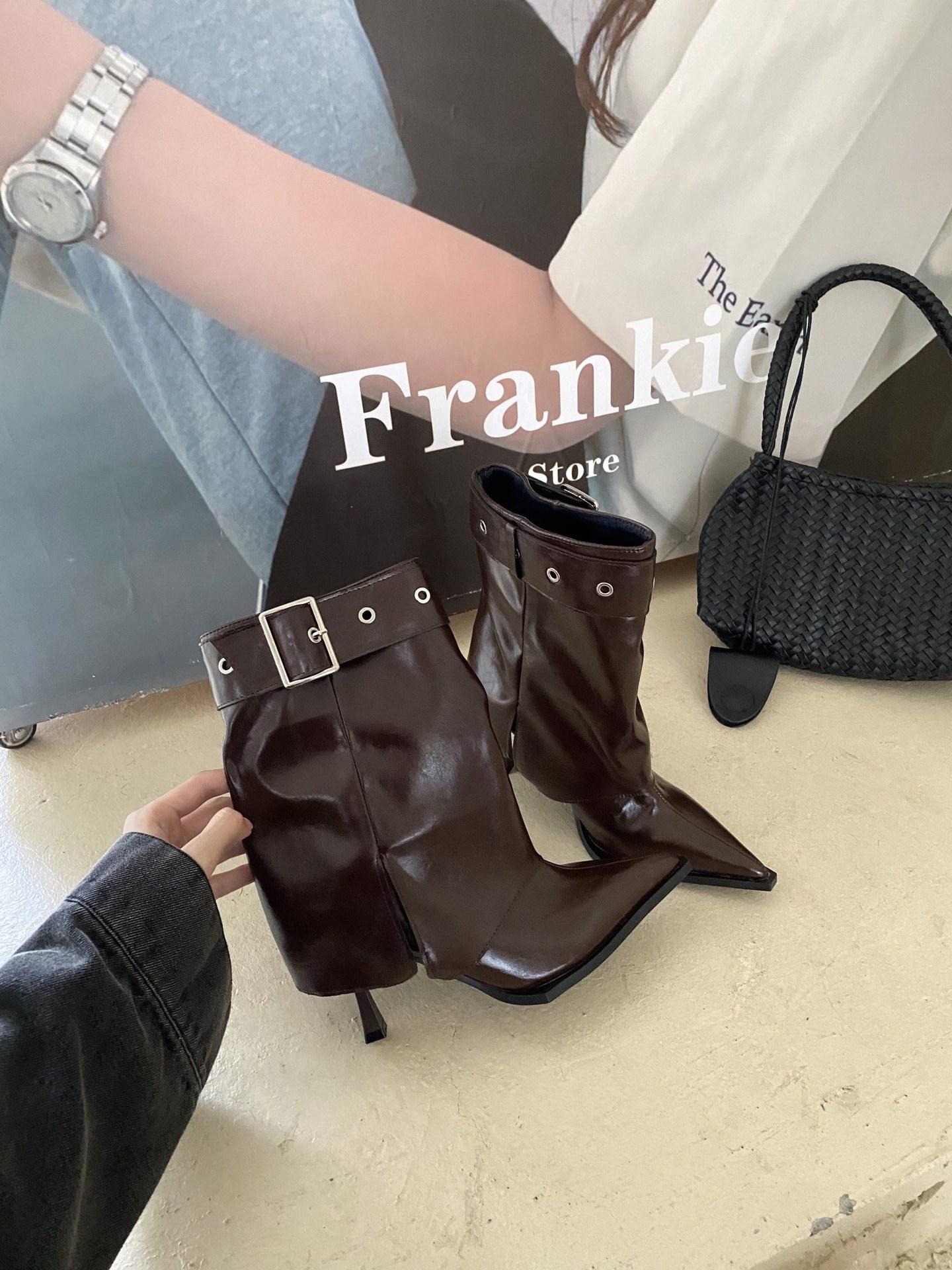 

2025 new autumn European and American style pointed metal buckle thin heel thin trouser tube short boots 39 темно-коричневого кольору