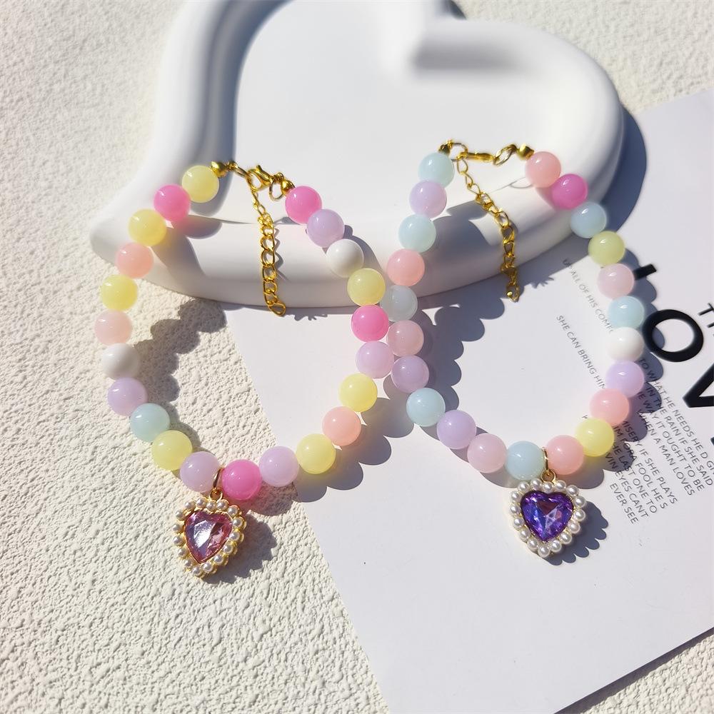 Personalized cat and dog pet handmade necklace collar beaded rhinestone heart cute pearl pendant accessories princess style