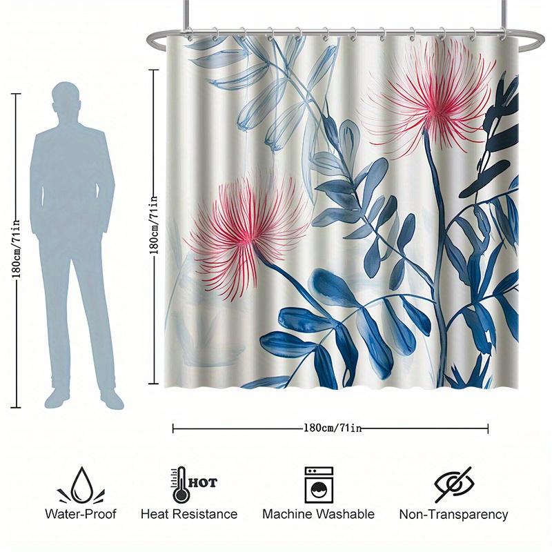 Simple Flower and Grass Shower Curtain Set, Blue Leaves & Red Flowers, Beautiful Art, Bathtub Partition, Modern Bathroom Decor