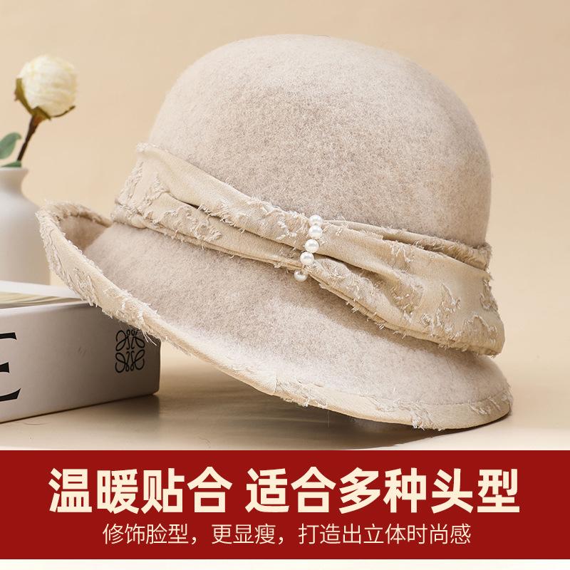 Wool Pot Hat Jacquard Velvet Ribbon Hat Women's Autumn and Winter Elegant Fashion Top Hat Shows Small Face