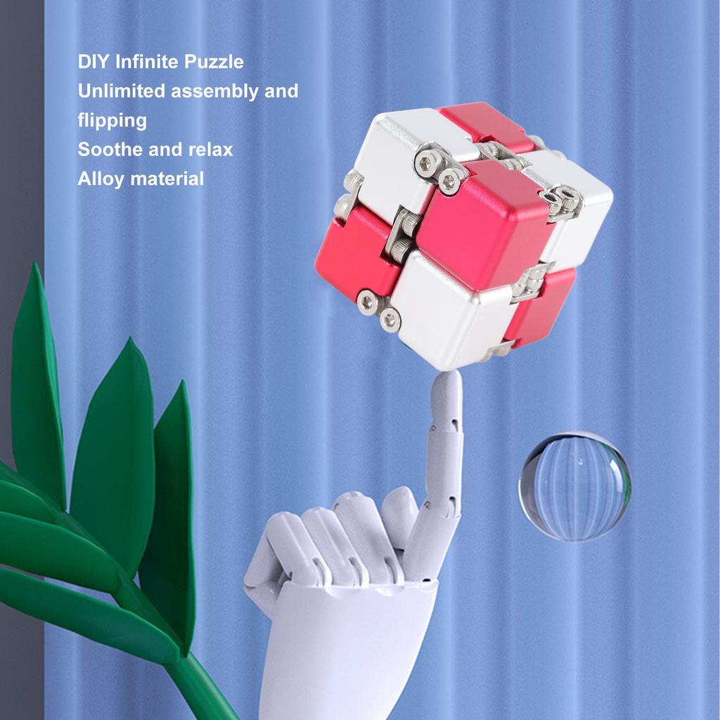 ADHD DIY Infinite Puzzle Toy Adult Portable Alloy Funny Stress Anxiety Relief Flip Puzzle Block Toy Red and Silver