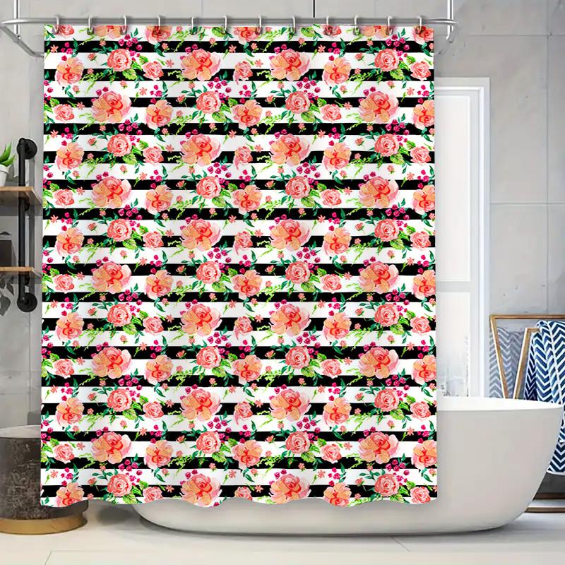 

Beautiful Floral Shower Curtain Bath Decor Striped Design Waterproof Fabric Pink Roses Black White Stripe Bathroom Decoration Si W60H190(CM)-1 Pcs