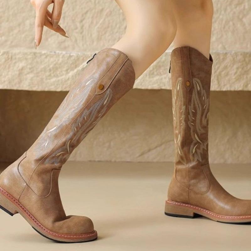 Fashion Plus Size New Women's Embroidered Western Knee High Boots Cowboy Cowgirl Boots Chunky Heels Platform Boots Women Western Shoes