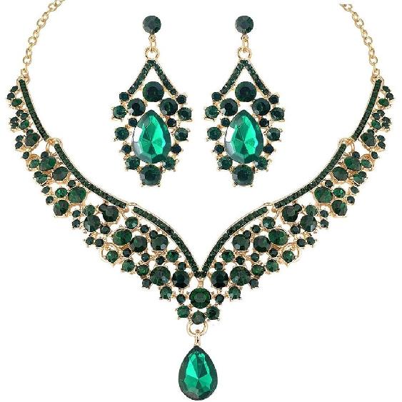 Beaded Necklace and Earring Set with Rhinestone Chains, Clear Stones, Fashion Jewelry Accessories for Women