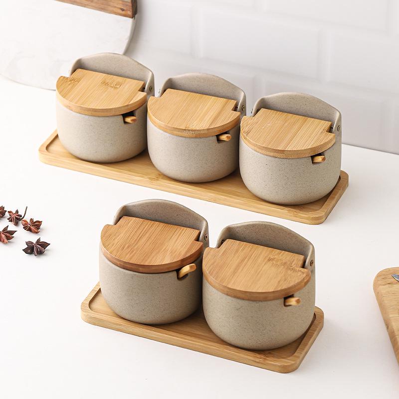 Japanese Ceramic Seasoning Jar Set with Bamboo Lids - Home & Restaurant Use