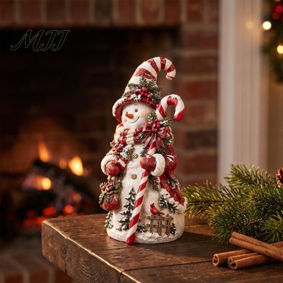 Winter Home Decorations Christmas Snowman Figurine, Resin Tabletop Decoration with Hat Scarf Pine Collectible Crafts Branches, Holiday Decor
