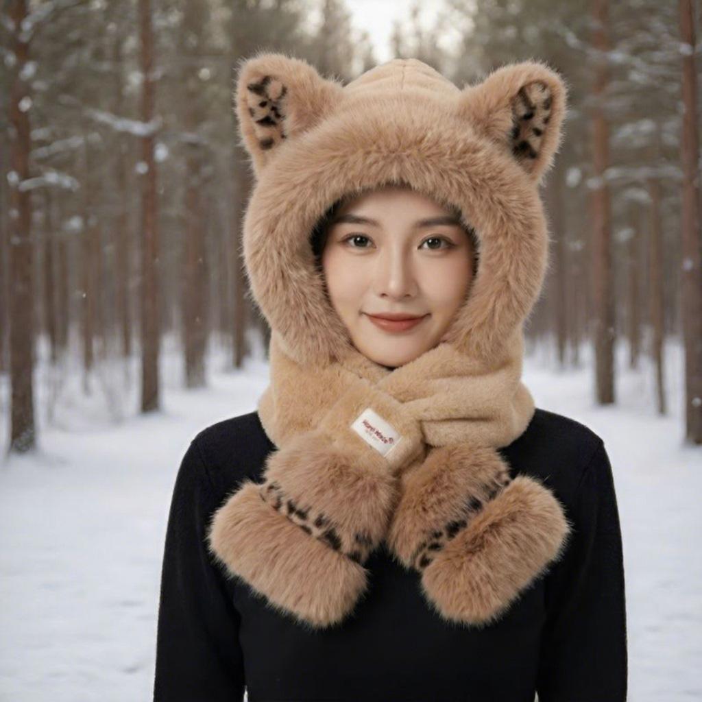 Leopard print splicing hat, scarf, two-piece set, thickened plush ears in autumn and winter, cute windproof integrated thermal hat woman