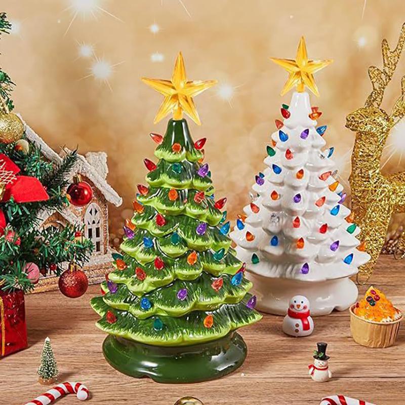 Retro Hand-Painted Tabletop Christmas Trees, Ceramic Christmas Trees That Light Up, Table Top Christmass Tree With Lights