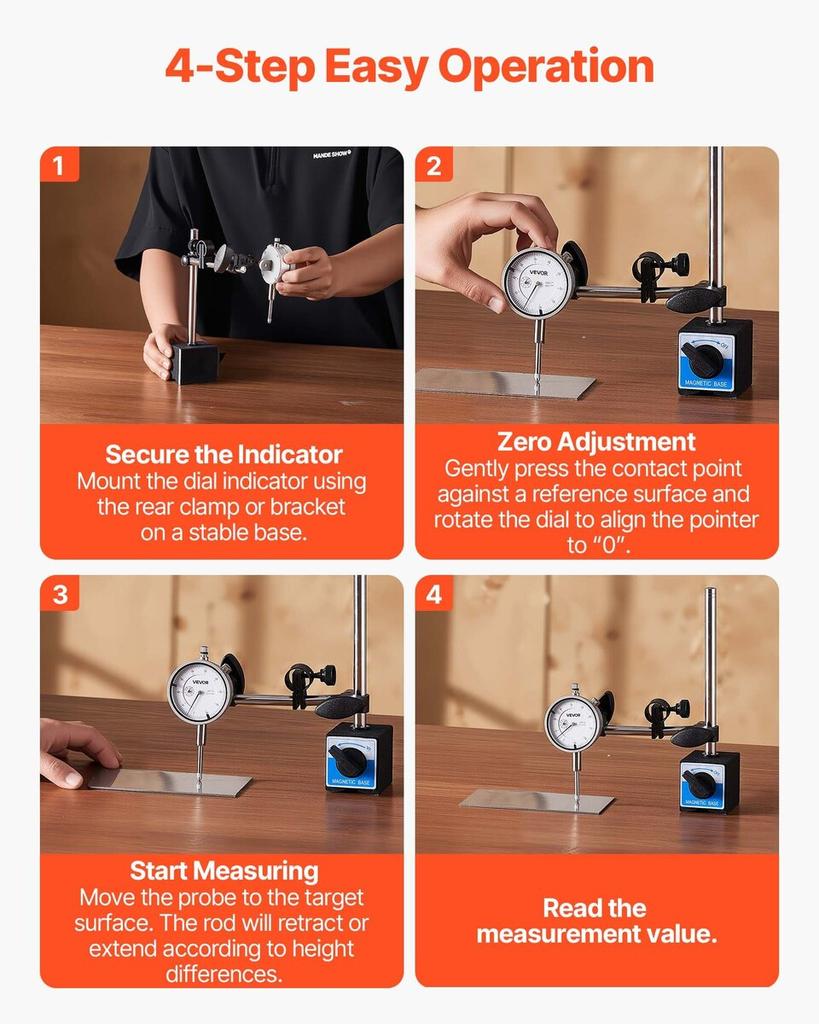 Dial Test Indicator, 0.03 Mm Accuracy, 0-25.4mm Measuring Range, Easy To Read Large Dial, Professional for Internal Diameter Measurement, Runout