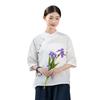 2025 Summer Women's Retro Cotton Linen Stand Collar Color Block Short Sleeve Top for Tea Ceremonies