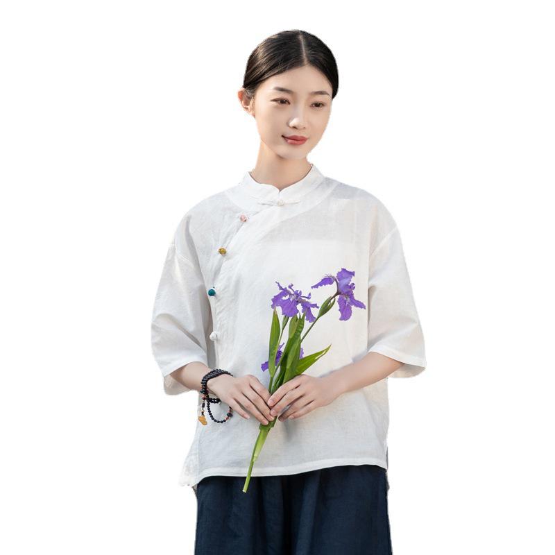 2025 Summer Women's Retro Cotton Linen Stand Collar Color Block Short Sleeve Top for Tea Ceremonies