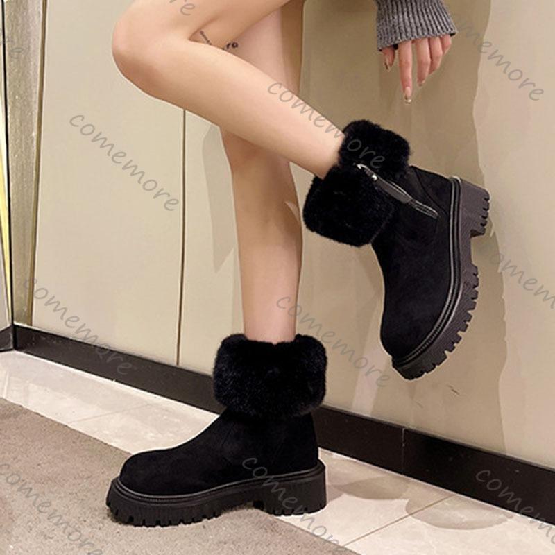 Comemore New Fur Short Thick Bottom Snow Boots Women Round Head Side Zipper Padded Warm Cotton Shoes Platorm Ankle Boots Women